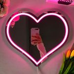 BDUN Heart Neon Signs with Dimmer, Pink Love Heart Neon Mirror Sign for Wall Decor, Heart Mirror with Light, USB Powered LED Neon Lights for Wedding, Anniversary, Birthday, Gifts for Lovers Girls