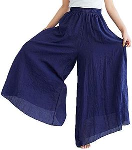 Flygo Women's Pull-On Elastic Waist Wide Leg Linen Pant Palazzo Pants Culottes (Length - 85CM, Navy)