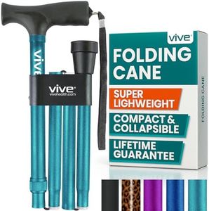 Vive Folding Cane - Foldable Walking Cane for Men, Women - Fold-up, Collapsible, Lightweight, Adjustable, Portable Hand Walking Stick - Balancing Mobility Aid - Sleek, Comfortable T Handles (Teal)