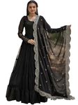 Fashion Basket Women's Faux Georgette Embroidered Yellow Anarkali Gown with Dupatta (Medium) (Small, Black)