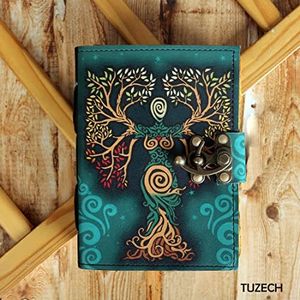 TUZECH Book of Spells Leather Bound Journal Deckle Edge Paper Grimoire Printed Diary Third Eye witchcraft supply and Witch Spell Notebook Antique Vintage Book for Men and Women (Green Lady)