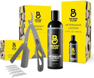 Beard Club Straight Razor for Men & Aftershave for Men – Soothing After Shave Lotion & Navajas Para Barbero - Barber Straight Edge Razor Kit with Post Shave Balm Calms Irritation, 5 Blades - Gift Kit