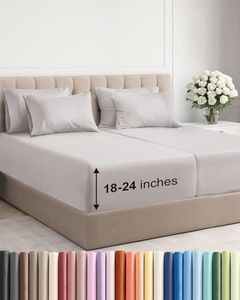 Extra Deep Split King Sheet Set - 7 Piece Breathable & Cooling Sheets - Hotel Luxury Bedding Set w/18-24 Inch Extra Deep Pockets - Easy Fit, Soft, Wrinkle Free & Comfy - Light Grey, Split King Size