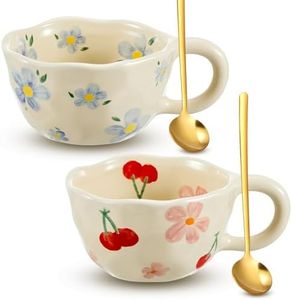 Vesici 2 Pcs Ceramic Coffee Mugs Flower Mugs with Spoon Vintage Floral Mugs with Handle 8.5 oz Cute Aesthetic Tea Porcelain Cup for Office Home, Dishwasher and Microwave Safe(Lovely)