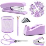 Purple Office Supplies, Purple Desk Accessories, Stapler, Staple Remover, Tape Holder, Pen Holder, Ballpoint Pen, Scissor, Binder Clips, Paper Clips and 1000pcs Staples.