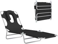 Outsunny Folding Lounge Chair Outdoor, Tanning Chair with Face Hole Arm Slots, Beach Chaise Lounger with Pillow, 5-Position Adjustable Portable Sun Lounger Bed for Pool, Black