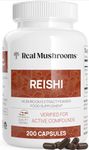 Real Mushrooms Reishi Capsules - Organic Mushroom Extract Supplement with Potent Red Reishi Mushroom for Longevity, Mood, Sleep, & Immune Support - Vegan Mushroom Supplement, Non-GMO, 200 Caps