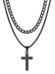 Simple Black Cross Necklace for Men, Simple Christian Protection Amulet Pendant Necklaces, Layered 6mm Wide Cuban Chains for Boyfriend