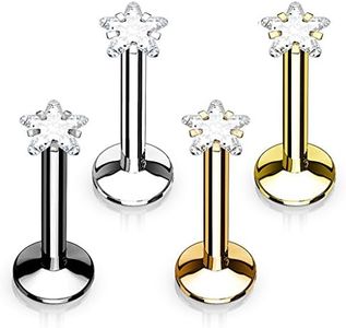 FIFTH CUE Star CZ Prong Set PVD Over All 316L Internally Threaded Labret Monroe Cartilage Stud Ring Surgical Steel (4pcs 6mm Length)