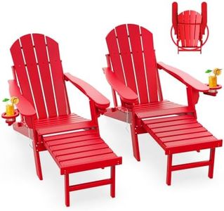 GREENVINES Adirondack-Chairs-with-Ottoman | Set of 2 | Folding | Retractable-Footrest | HDPE Plastic | All Weather Fire Pit Chair | Cup Holders | Red | for Outdoor Poolside