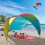 ZjRight Beach Tent Sun Shelter, UPF 50+ Beach Canopy 3.2m(10.5ft) x 3.5m(11.5ft) Suitable for 4-6 Adults, Family Colorful Beach Shelter for Beach, Camping Trips, Fishing, Outdoors, (ZP-R)