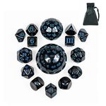 Poludie 15 Pieces Complete Polyhedral DND Dice Set D3-D100 Spherical D&D Dice Set with Dragon Eye Dice Bag, D100 Dice for Dungeons and Dragons, RPG, MTG Table Games(Black w/Blue Numbers)