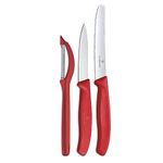 Victorinox Swiss Made Stainless Steel Swiss Classic Kitchen Knife Set of 3, Straight Edge and Wavy Edge Knife with Multipurpose Peeler, Professional and Household Use, Red | 6.7111.31