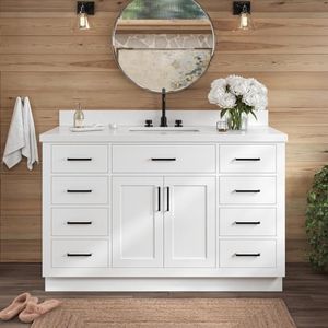 ARIEL Hepburn 54-inch Bathroom Vanity with Sink,Solid Wood, 1.5-inch Pure White Quartz Countertop & Backsplash, Single Rectangular Porcelain Sink, 2 Soft Closing Doors, 9 Dovetail Drawers, White