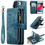 UEEBAI Wallet Case for iPhone SE 2022 5G/iPhone 7/iPhone 8/iPhone SE 2020, Handmade PU Leather Phone Case Card Slots Magnetic Zipper Kickstand Cover Vintage Flip Case for iPhone SE3/SE2 - Vintage Blue