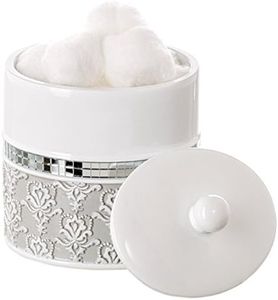 Creative Scents Mirror Damask Qtip Holder - Decorative Canister Jar, Durable Cotton Swab Ball Holder/Container - Beautiful Bathroom Vanity Accessories, Elegant Bath Accessories Storage (Gray & White)