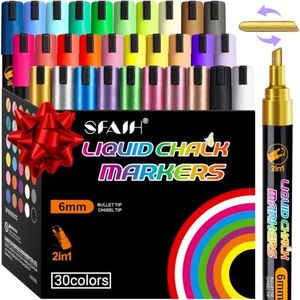 SFAIH Liquid Chalk Markers for Blackboard Glass, 30 Vibrant Colors, 6mm Tip