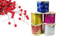 Evisha 1 Roll Assorted Colour Christmas Ribbon and 25 Pcs Red Berry Fruits Artificial Berries for Christmas Tree Decoration Art and Craft Christmas Wreath Decoration