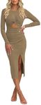 Pink Queen Women's Long Sleeve Formal Cocktail Party Dress Round Neck Twist Knot Hollow Out Fall Trendy Slit Sheath Long Dress Outfits Camel S