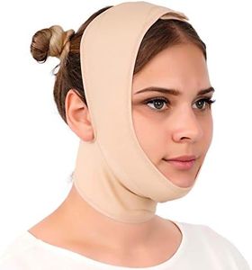 Post Surgery Neck and Chin Compression Garment Wrap Bandage for Women, Face Slimmer, Jowl Tightening, Neck Coverage, Chin Lifting Strap (Beige, L)