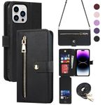 ELTEKER Phone Case Compatible with iPhone 15 Pro Crossbody Lanyard Case Wallet with Shoulder Strap, [9 Card Slots] RFID Blocking Leather Flip Kickstand Case for iPhone 15 Pro (6.1")-Black