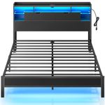 Rolanstar Bed Frame Queen Size with Charging Station, LED Bed Frame with Storage Headboard, Metal Platform Bed with Glass Shelves, Bookcase Storage, No Box Spring Needed, Noise-Free, Black