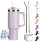 Tuocal 40oz Tumbler with Straw Lid and Handle + 2 Stainless Steel Straws + Silicone Boot, 1180ml Double Wall Vacuum Insulated Cup, Car Coffee Mug, Travel Water Bottle for Hot Iced Coffee, Light Purple