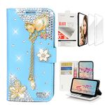 STENES Bling Wallet Phone Case Compatible with LG Stylo 6 - Stylish - 3D Handmade Luxury Leaf Pendant Flowers Leather Cover with Screen Protector [2 Pack] - Blue