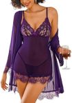 Avidlove Lingerie for Women Lace Robe Sets Mesh Kimono Robe Sexy Two Piece Set Dark Purple