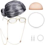 Old Lady Cosplay Set Granny Wig Cap Glasses Chain Cords Faux Pearl Bead Necklace (Gray Bun Wig)