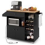 GOFLAME Kitchen Island Cart with Drop-Leaf & Power Outlet, Rolling Kitchen Cart on Wheels with Microwave Shelf, Wine Rack, Glass Holder, Towel Rack, Spice Rack, Drawer & Cabinet (Black & Natural)