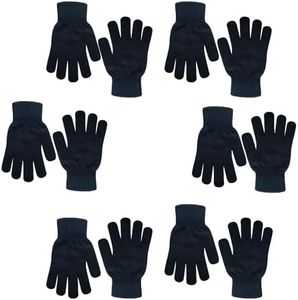 Winter Magic Knit Gloves - 6 Pairs, Stretchy Full Fingers, Suitable for Kids, Teens & Women - All Black Series, One Size Fits All