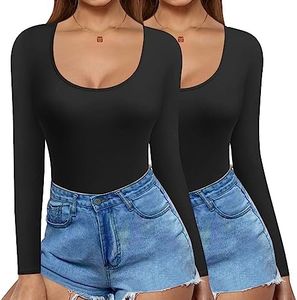 Ekouaer 2 Pack Long Sleeve Shirts for Womens Scoop Neck Tops Slim Fit Undershirts Basic Thermal Tee Shirt Black/Black XXL