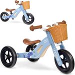 KRIDDO 2 in 1 Wooden Kids Tricycle and Balance Bike with Pattern for 1-4 Years Old, No-Pedal Tricycle and Toddler Balance Bike with Basket and Adjustable Seat, Ideal for Outdoor and Indoor, Blue