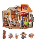 Rolife Doll House Corner Bookstore with LED Lights DIY Miniature House Kit Dollhouse Wooden Model Kit with Furniture 3D Puzzles for Children and Adults