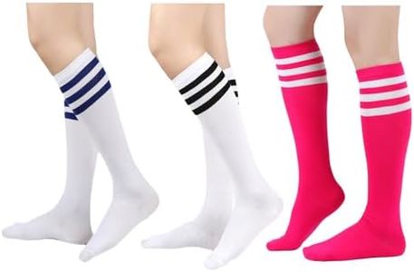 SYYWLYAP Women's Knee High Athletic Socks Casual Stripes Tube Socks Outdoor Sport Socks, Triple Stripe B+b1+hotue- 3 Pairs, One Size