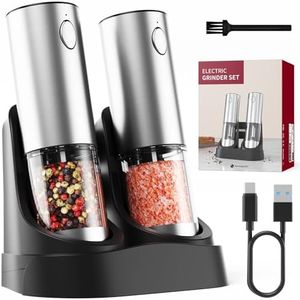 Electric Salt and Pepper Grinder Set with LED Light, Rechargeable Salt and Pepper Mill 95ml Capacity Upgrade Gravity Salt Pepper Mill Grinder with Charging Base Stainless Steel Spice Grinder