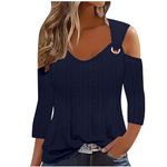 Today Deals 2024 Sexy Cold Shoulder Tops for Women UK Fall Fashion 3/4 Sleeve V Neck Tunic Shirts Ladies Elegant Hollow Out Eyelet Blouse Dressy Casual Solid Color Loose Fit Tee Shirts