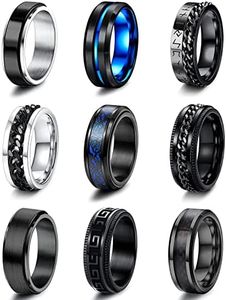 JeweBella 9PCS Bague Hommes Acier Inoxydable Noir Tournante Chaîne Bague Vintage Gothique Anneaux Bague Viking Dragon Celtique Bleu Mariage Promise Bande Anneau Taille 54-70