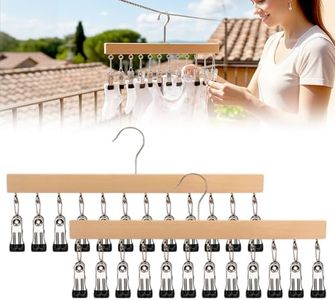 Closet Organizer with 12 Clips, 2026 Upgraded Multi Functional Hanging Closet Organizer with Clips Space Saving Closet Organizers and Storage for Jeans Skirts and Socks (Natural Wood, 2 Pcs)