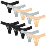 Pmrxi Lace Thongs for Women Plus Size Thong Panties Low Waistband Cotton Crotch Tangas Underwear 10 Pack, 4black+3grey+3nude, Small