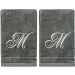 Personalized Initial Fingertip Towels - 2 Pack 11 x 18 Inches - Silver Embroidery On Gray Towel, Modern Monogrammed Towels, Great Initial Gift for Women, Teachers, Friends, Bridesmaids Initial M