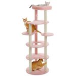 PAWZ Road [61''=156CM] Cat Tree for Indoor Large Cats, 6-Levels Cat Climbing Tower with 9 Scratching Posts Wrapped in 100% Natural Sisal Rope, Large Top Perch and Interactive Dangling Ball Pink