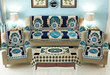 SAWNA Homes Sofa Cover with Cushion Cover and Table Cover - 3 Seater and 2 Seater Chenille Jackquard Sofa Covers with Arm Set 16 Pcs - 3+1+1 Panels for Home Living Room Sofa Couch Decor (Navy Sky)