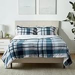 Amazon Basics Ultra-Soft Micromink Sherpa Comforter 3 Piece Bed Set, Full/Queen, Navy Plaid