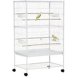 PawHut 52" Large Rolling Steel Bird Cage Bird House with Rolling Stand, Storage Shelf, Wood Perch, Food Container, White