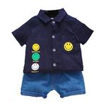 Bold N Elegant Kid’s Smiley Happy Face Print Boys Corduroy Shirt & Denim Shorts for Infant Toddler Tween Boys (3-4 Years, Navy Blue)