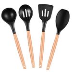 P-Plus International 4-Piece Spatula Set - Wooden Handle Kitchen Utensil Set - ladle for Soup - Slotted Spoon for Cooking (Set of 4, Black)