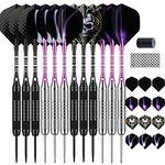 DARTSPACE 12 Pack Steel Tip Darts Set 22 24 Grams, Metal Tip Darts with Premium Black Purple Darts Stem 24 Flights Extra 50 Rubber O-Rings 1 Dart Sharpener Tool Kit for Dart Board