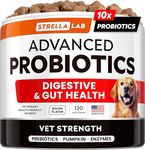StrellaLab Vet Strength Dog Probiotics Chews - 60 Billion CFU per jar + Digestive Enzymes Prebiotics - Chewable Fiber Supplement w/Pumpkin - Diarrhea, Gas, Constipation, Upset Stomach Relief